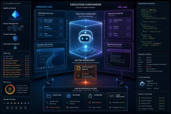 Cybersecurity dashboard showing isolated execution containers, policy enforcement, and blocked file access.