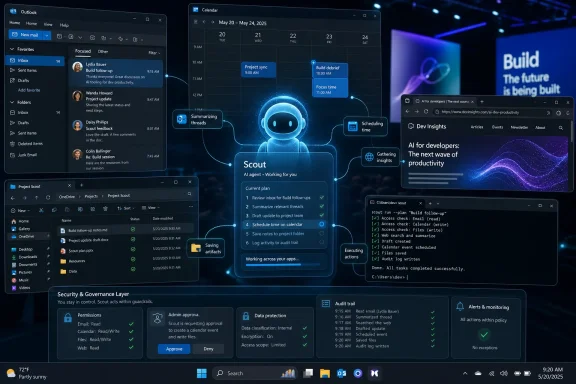 Screenshot of AI productivity dashboard with email, calendar, scheduling tools, and an AI agent “Scout” running tasks.