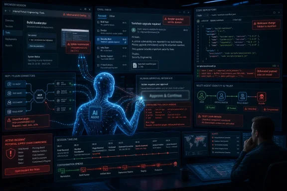 Futuristic cybersecurity dashboard showing a suspected malicious code update hidden in a manifest, with AI monitoring.