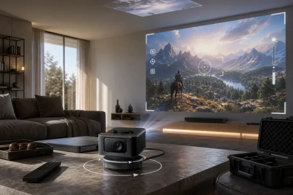 Modern living room with a projector displaying a scenic mountain rider scene on a wall screen.
