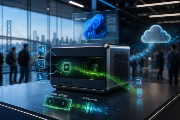 Concept image of a futuristic computer with Windows 11 Pro overlay and cloud/AI tech icons in a data center.