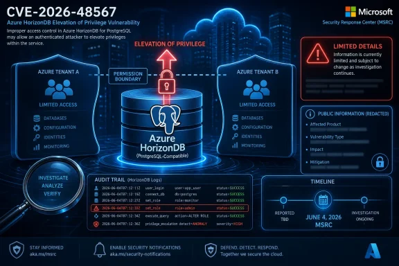 Cybersecurity graphic showing Azure HorizonDB privilege elevation risk (CVE-2026-48567) with audit trail and timeline.
