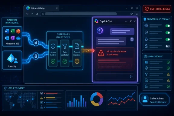 Neon cybersecurity dashboard in Microsoft Edge showing guardrails and an “information disclosure risk” alert.
