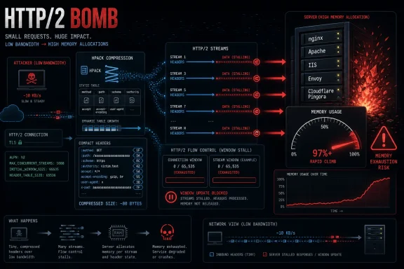 Infographic warning about an HTTP/2 “bomb” attack causing server memory exhaustion and stalling.