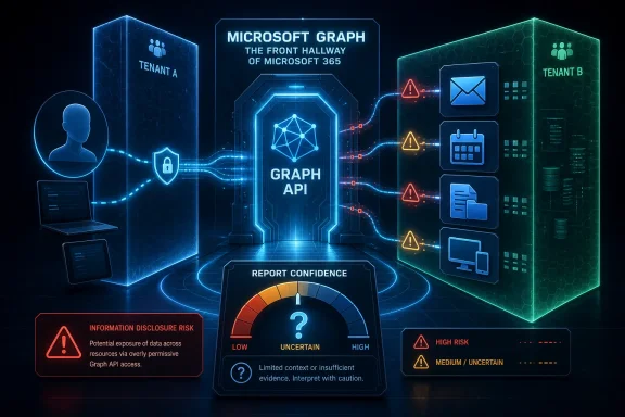 Futuristic security diagram showing Microsoft Graph API risks between tenants A and B.