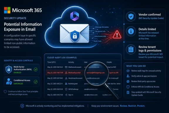 Microsoft 365 security update infographic warning of potential email information exposure.