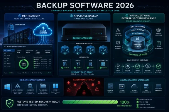 Digital “Backup Software 2026” infographic showing cloud recovery, appliance backup, and cybersecurity resilience.