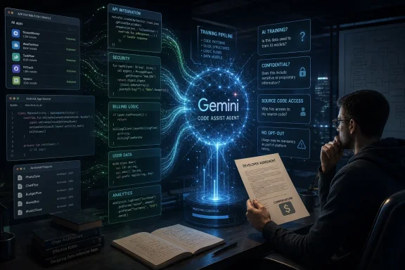 Developer reviews an agreement beside a glowing “Gemini” code assistant diagram of APIs, security, and training.