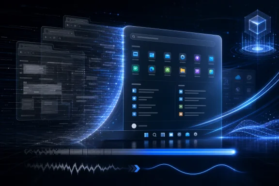 Futuristic layered dashboard interfaces with app icons and data streams on a blue digital grid backdrop.