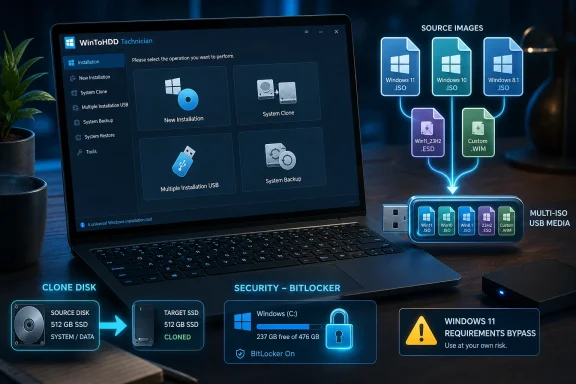 Laptop shows WinToHDD technician interface for creating multi-ISO USB media and cloning disks.