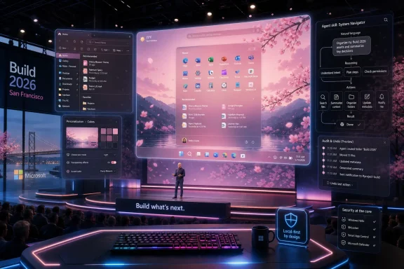 A presenter stands onstage beside a giant screen showing Microsoft “Build 2026” AI and planning dashboards.