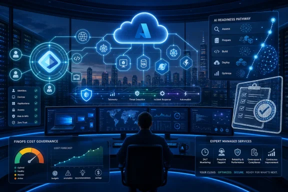 A person in a high-tech control room reviews an AI cloud readiness dashboard with cybersecurity and cloud icons.