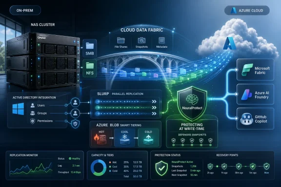 Digital diagram shows QNAP on-prem NAS connected to Azure cloud for data fabric, protection, and snapshots.