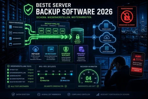 Cybersecurity ad showing “Beste Server Backup Software 2026” with ransomware-blocking and backup pipeline graphics.