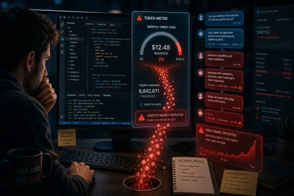 Developer monitors token usage and cloud billing alerts on dual screens with “Token Meter” and red warning graphics.