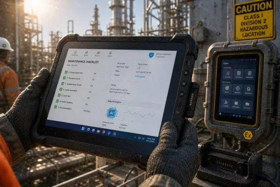 Technician checks an equipment maintenance checklist on rugged tablet in an industrial refinery.