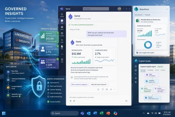 Three UI dashboards show AI “Genie” governed insights and SharePoint/metrics for Databricks data on a city backdrop.