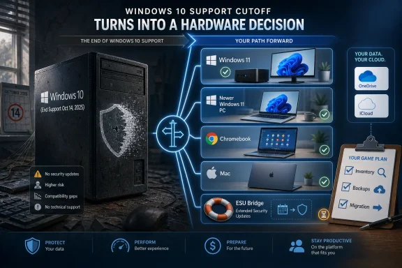 Graphic warning that Windows 10 end-of-support is approaching, urging upgrades to Windows 11 and other options.