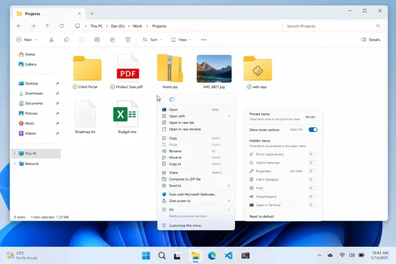 Windows File Explorer open to a Projects folder with a right-click menu showing options.