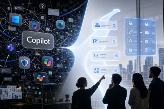 “Copilot” in a modern office, with interconnected network icons and glowing AI workflow interfaces.