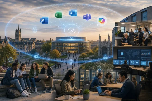People collaborate in an office with cloud-and-security icons over a city campus at sunset.