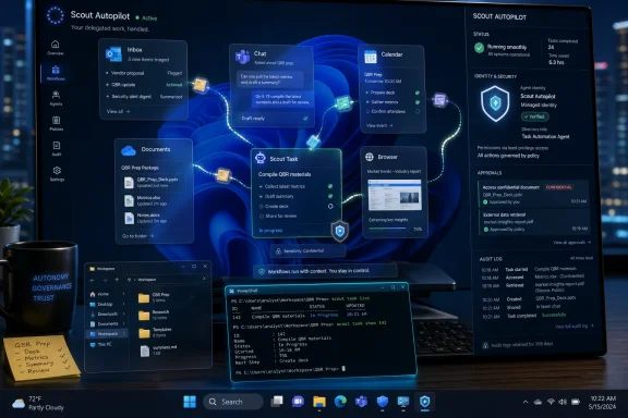 Blue “Scout Autopilot” dashboard on a computer screen showing automated tasks, chat, calendar, approvals, and audit log.