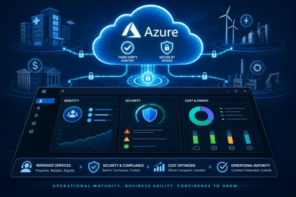 Azure cloud security dashboard with icons for identity, protection, and cost analytics, networked by glowing links.