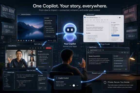 Promotional ad showing Microsoft Copilot’s AI assistant interfaces guiding work across apps.