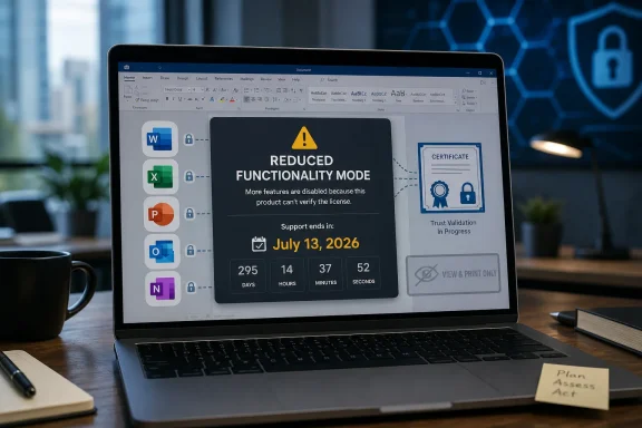 Laptop screen shows “Reduced Functionality Mode” due to unverified license, with a support countdown.