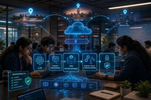 Tech-themed office scene with AI workflow icons, maps of cities, and responsible AI checklist overlays.