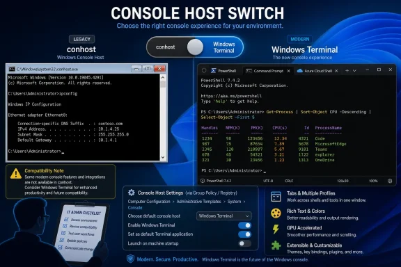 Promotional graphic comparing legacy conhost and modern Windows Terminal, featuring example PowerShell and command windows.