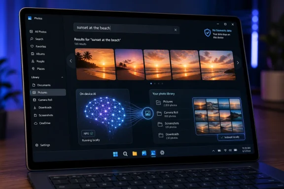 Laptop screen shows a photo gallery search for “sunset at the beach” with on-device AI indexing.