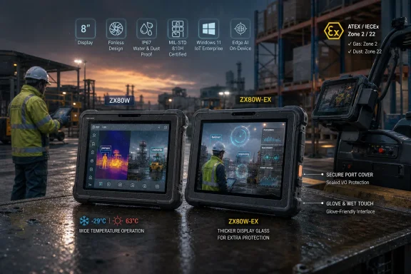 Industrial workers use rugged tablets with on-screen sensor dashboards at a construction yard during dusk.