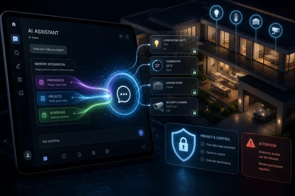Smart home AI interface displays live lights, thermostat, garage door, and security camera controls with privacy safeguards.