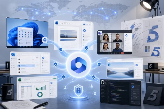 Collage of multiple screens in an office with cloud security icons and a central shield.