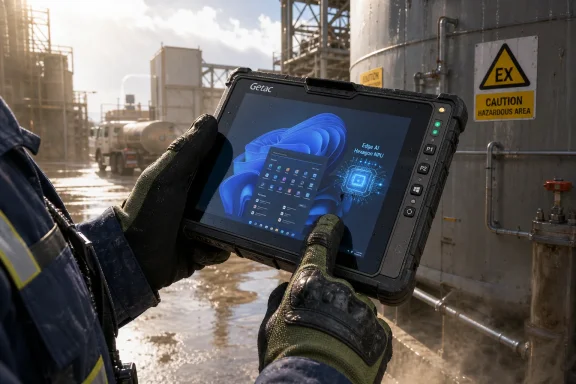 Gloved workers use a rugged tablet with AI chip graphics inside an industrial plant marked “caution hazardous area.”