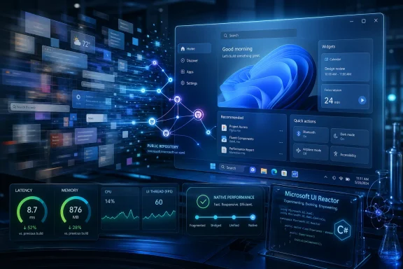 Futuristic blue Windows desktop UI with charts, widgets, and a network-node visualization.