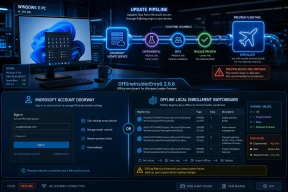 Futuristic Windows 11 offline Insider enrollment graphic showing update pipeline and registry channel switching.