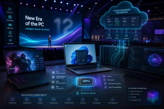 Conference stage shows multiple laptops and a cloud-managed enterprise graphic labeled “New Era of the PC.”