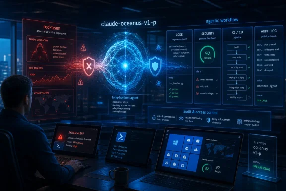 Security operations display shows AI agent workflow, threat simulation, and CI/CD audit logs in a futuristic control room.