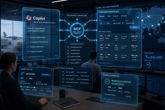 Air cargo operations dashboard with an AI assistant interface showing shipment tracking, routes, and booking confirmation.