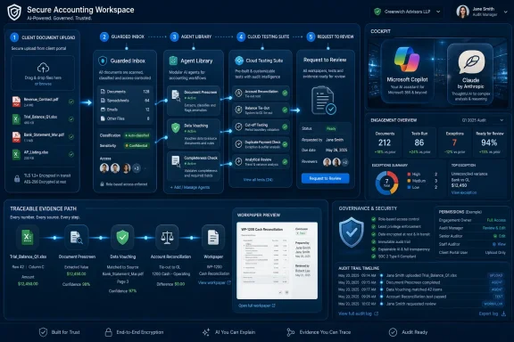 Dashboard showing secure, AI-powered accounting document workflow from upload to audit review with governance and evidence trail.