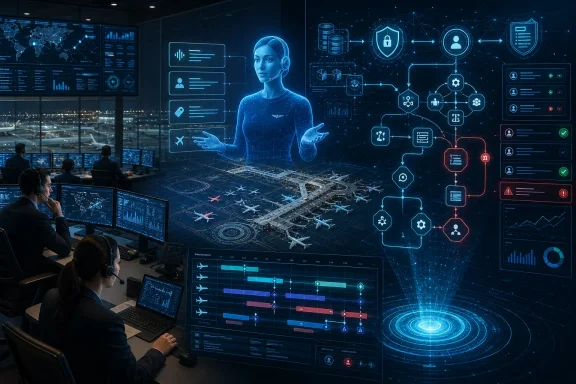 AI-powered control room with a virtual assistant displaying global flight and security data.