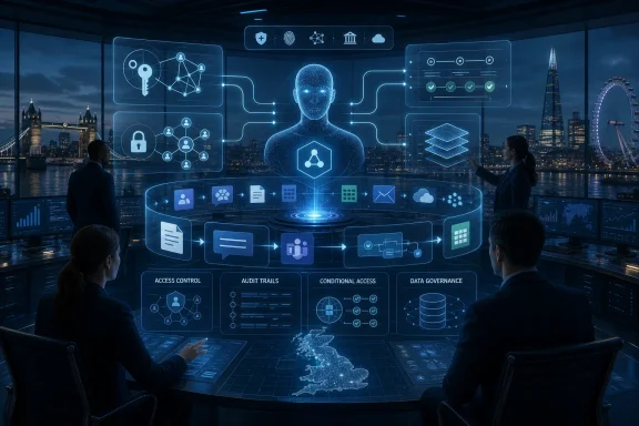 Futuristic command room with executives viewing a holographic cybersecurity network over a night skyline.