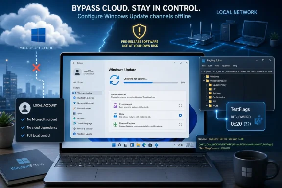 Promotional graphic showing a laptop with Windows Update settings offline, emphasizing local control over cloud updates.
