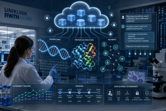 Scientists in a lab view a holographic genomics dashboard showing DNA, protein structures, and DNA-repair pathways.