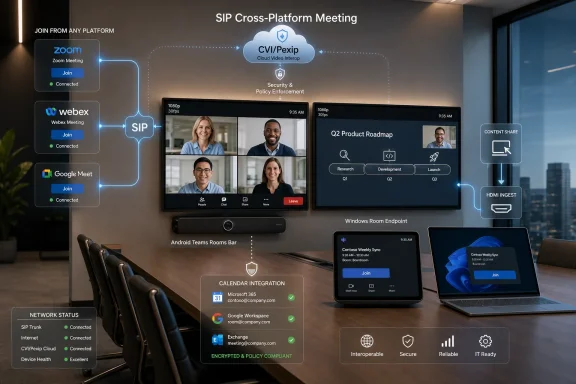 Modern conference room displays a cross-platform SIP meeting diagram linking Zoom, Webex, and Google Meet.