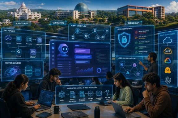Students collaborate in a control room as holographic AI agent workflow and cybersecurity dashboards overlay the skyline.