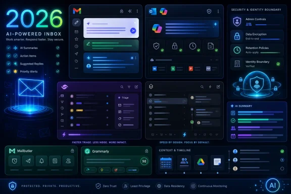 AI-powered inbox security dashboard with 2026 branding, email triage, summaries, and admin identity controls.