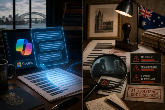 Office desk scene with an AI copilot laptop, warning signs, and a magnifying glass over “AI assistance not disclosed.”